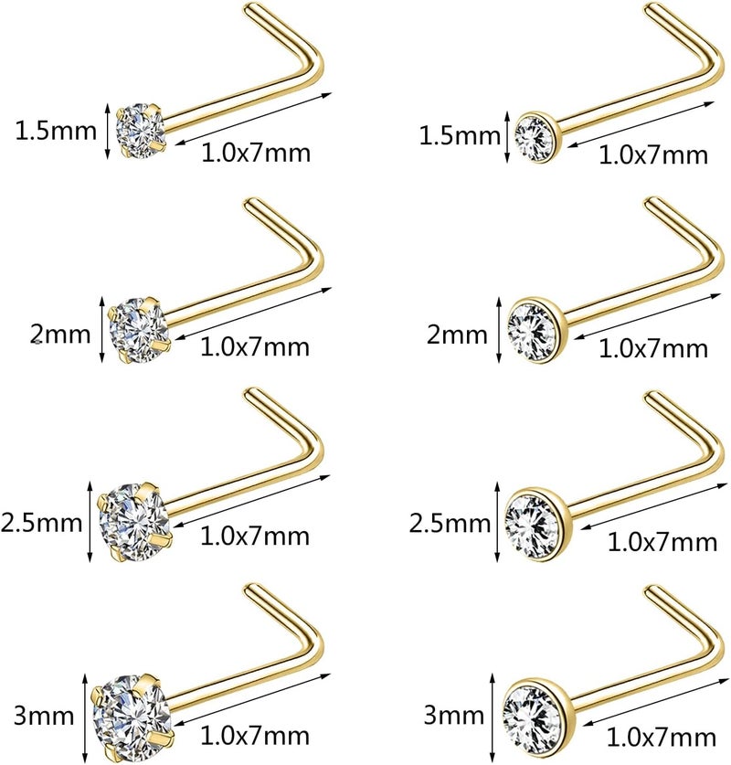 AccGin Store 6-10Pcs 18G 20G Nose Ring Surgical Steel Nose Rings Studs Piercing For Women Men 1.5mm 2mm 2.5mm 3mm Round Diamond CZ L Shaped Corkscrew Gold Black Silver Nose Piercing Hypoallergenic - Image 2